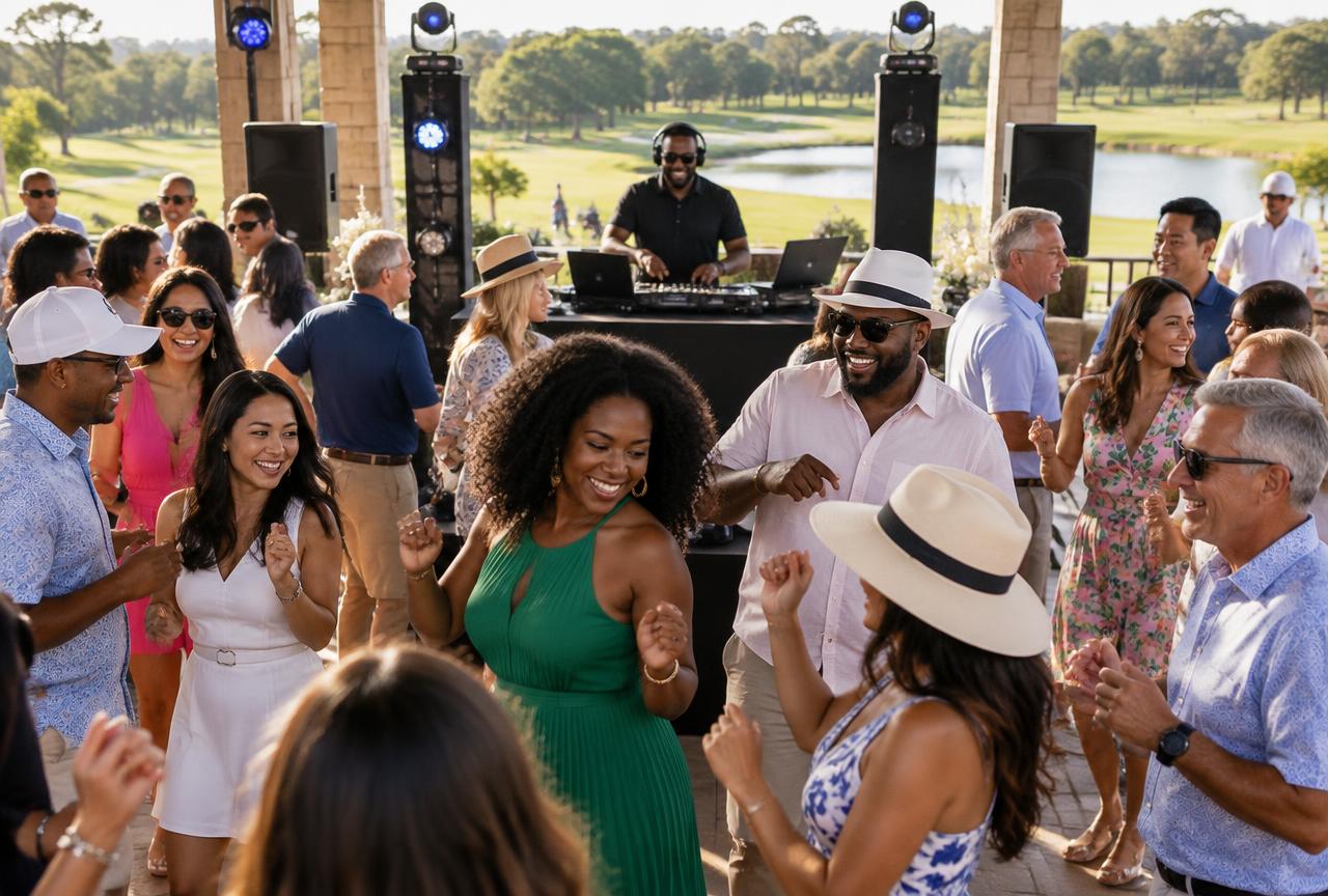 Guests celebrating at the golf course pavilion day party